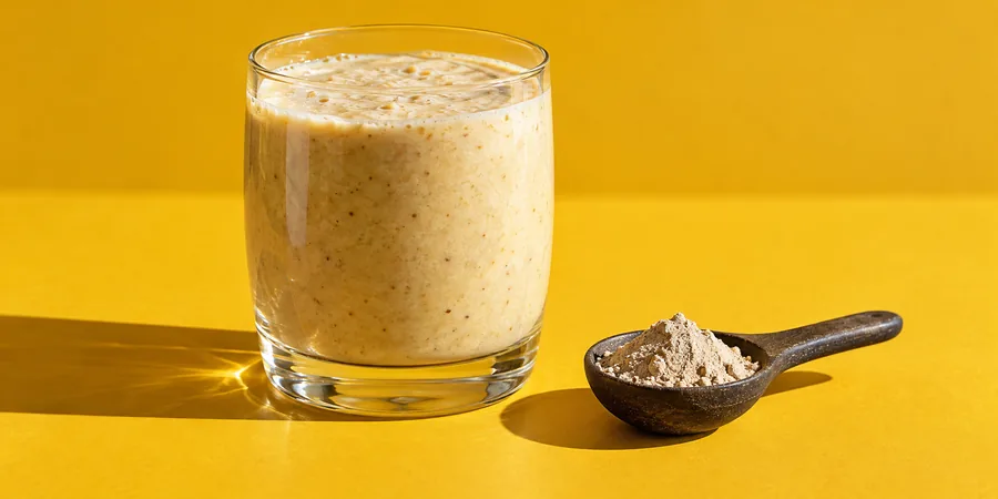 Cucharadita de polvo de melena de león junto a un batido de plátano y avena