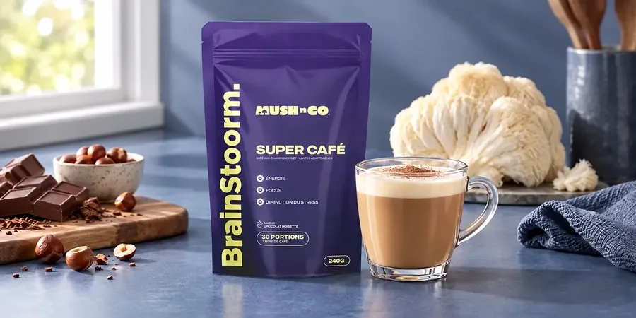 Bolsa de Brainstoorm de Mush N Go junto a una melena de león y un café con leche
