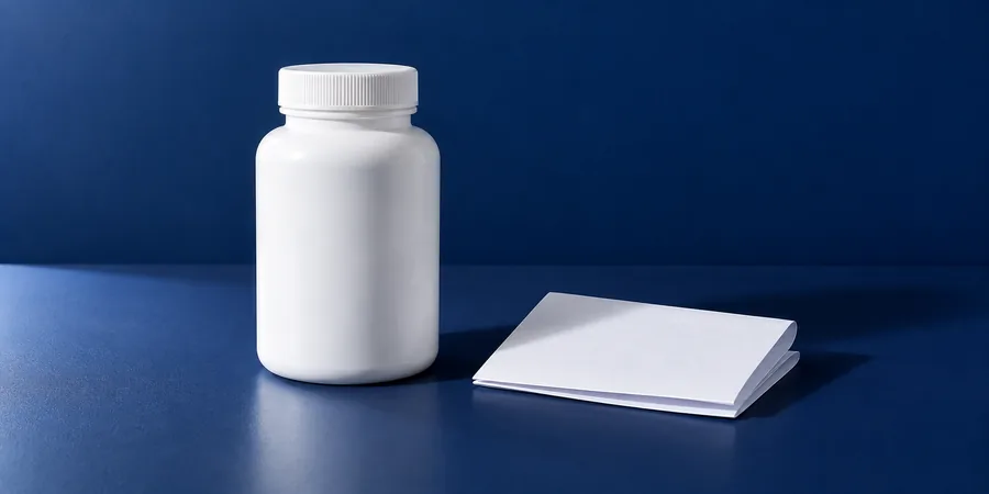 Bote sin etiqueta y un prospecto doblado sobre el mostrador de una farmacia