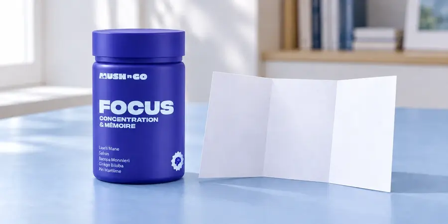 Bote de Focus de Mush N Go junto a un prospecto desplegado sobre una mesa
