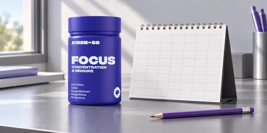 Bote de Focus de Mush N Go junto a un calendario de escritorio