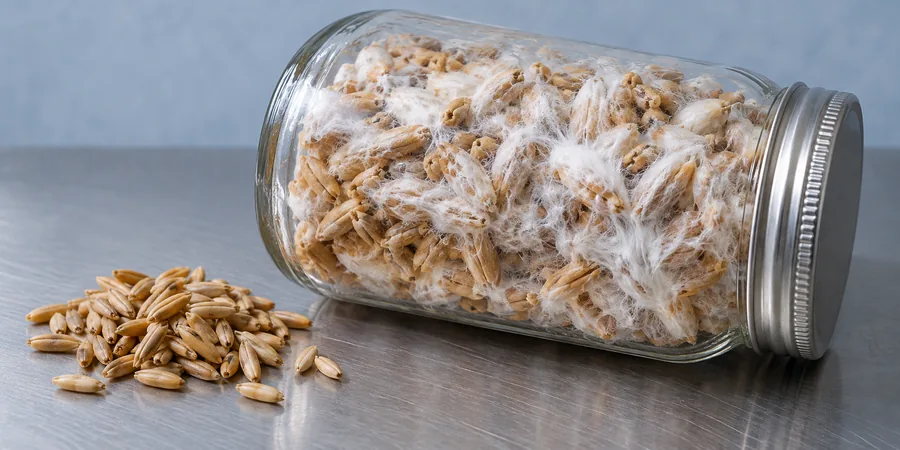 Micelio blanco cultivado sobre avena en un frasco, junto a granos sin colonizar