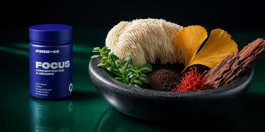 Bote de Focus de Mush N Go junto a un cuenco con melena de león y los demás ingredientes de su fórmula