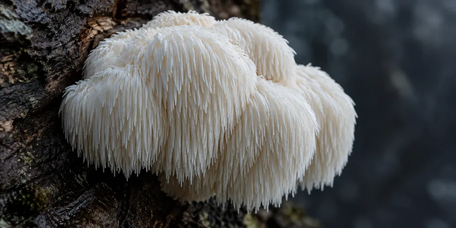 Detalle de las púas blancas y la base de una melena de león fresca