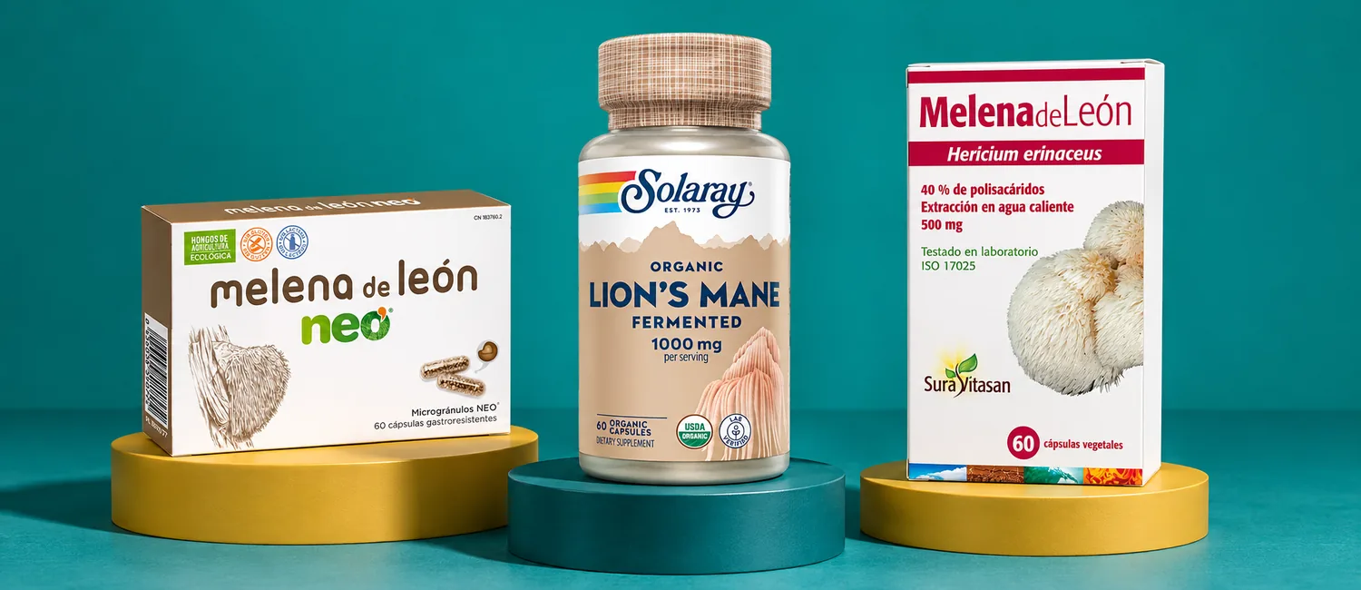Melena de león de NEO, Solaray y Sura Vitasan sobre podios de color