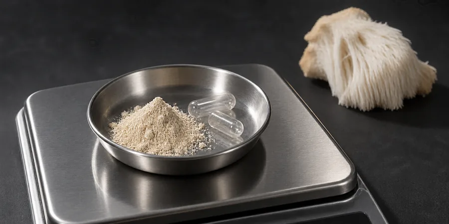 Polvo de extracto y cápsulas vegetales vacías en el plato de una balanza