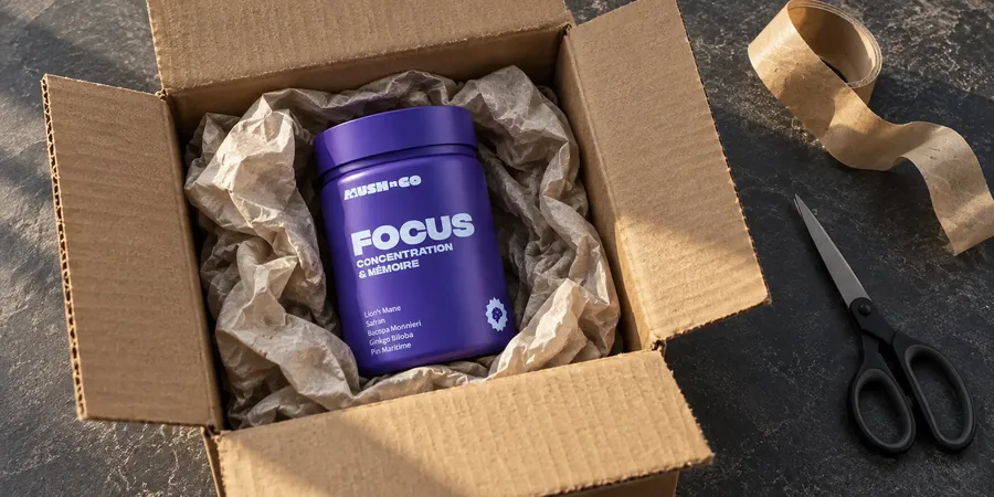 Bote de Focus de Mush N Go dentro de una caja de envío abierta