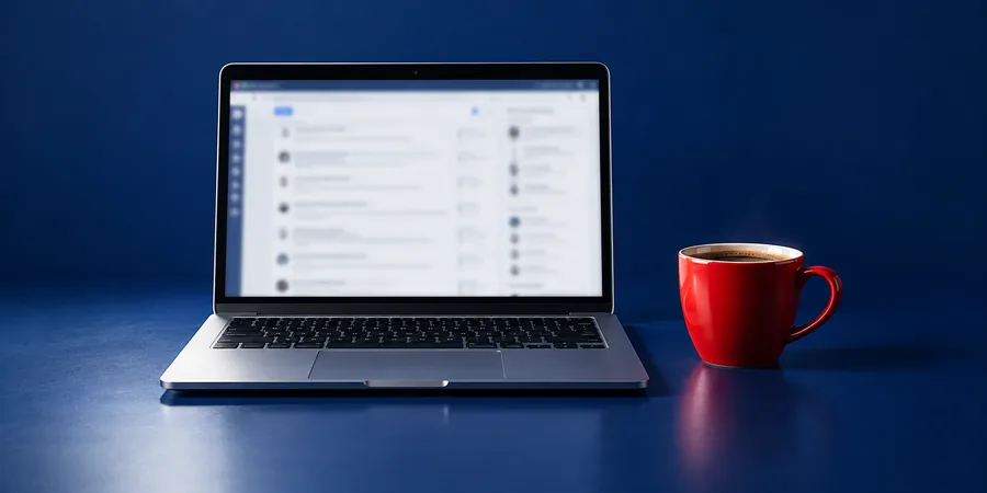 Portátil con un foro desenfocado junto a una taza de café
