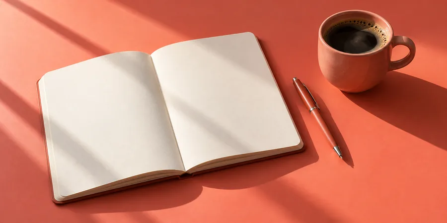 Escritorio de trabajo por la mañana con un cuaderno y una taza