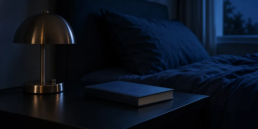 Mesilla con una lámpara apagada y un libro junto a una cama en penumbra azul