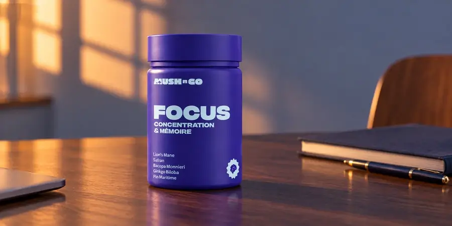 Bote de Focus de Mush N Go sobre un escritorio de trabajo con luz de mañana
