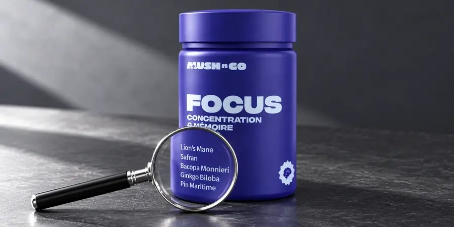 Lupa sobre la lista de ingredientes de un bote de Focus de Mush N Go