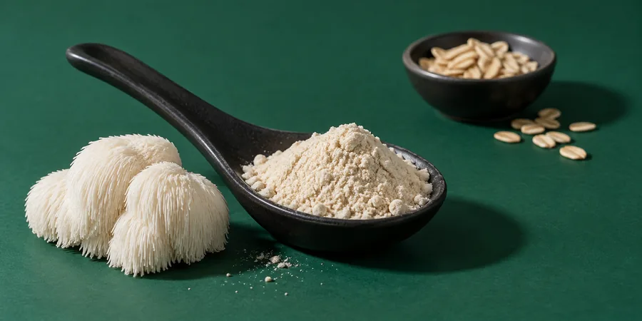 Polvo de melena de león y granos de avena separados para ilustrar la diferencia de materias primas